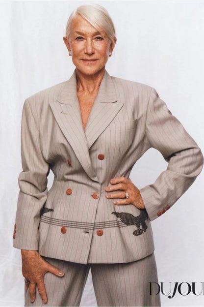 SS88 Pinstripe Tailored Skirt Suit with Lace Eagle Appliqué