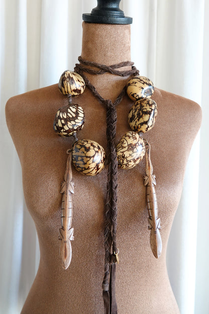 Vintage 1990s Tagua Nut Lariat Necklace with Carved Lizard Pendants