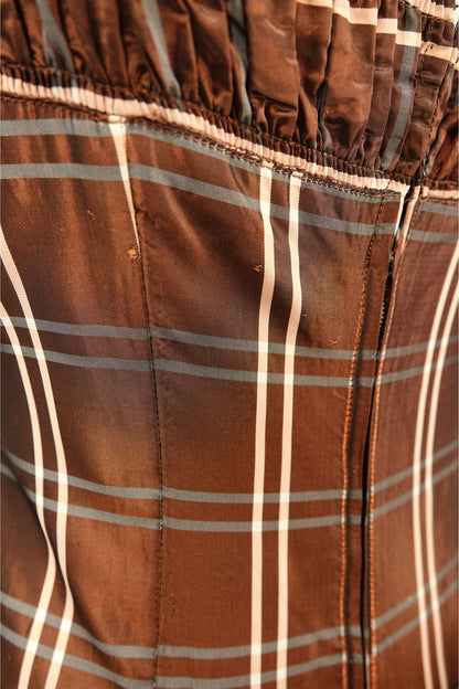 Party Lines by Domb 1940s brown plaid taffeta gown, condition detail — Disco Palma