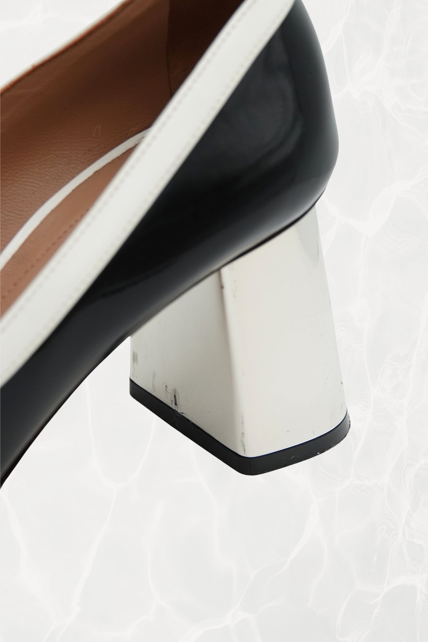 Black and White Stripe Patent Leather Pump, Chrome Block Heel