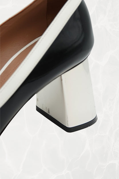 Black and White Stripe Patent Leather Pump, Chrome Block Heel