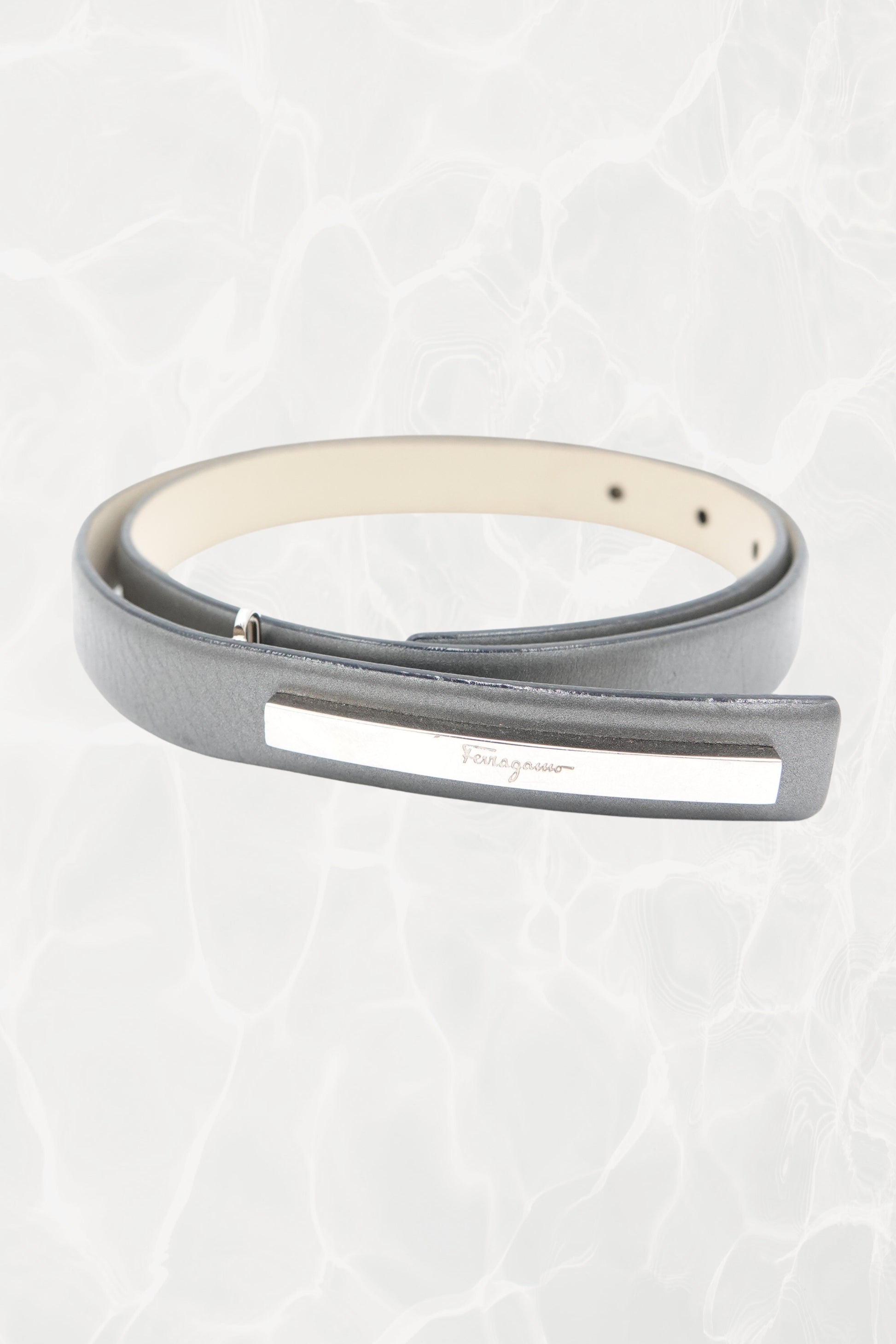 Pewter Leather Thin Belt with Silver Logo Plate