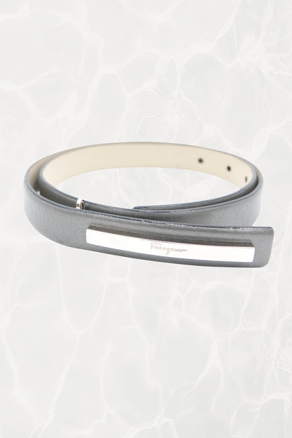 Pewter Leather Thin Belt with Silver Logo Plate