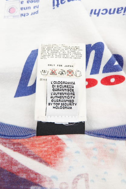 D&G SS02 authentication label close-up: D&G top security hologram authenticity tag and care label reading "Only for Japan", on Danza 3000 graphic print jersey knit