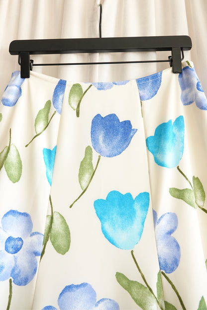 Late 1970s–Early 1980s Watercolor Floral Drop-Waist Tiered Crepe Maxi Skirt, YSL Rive Gauche Style