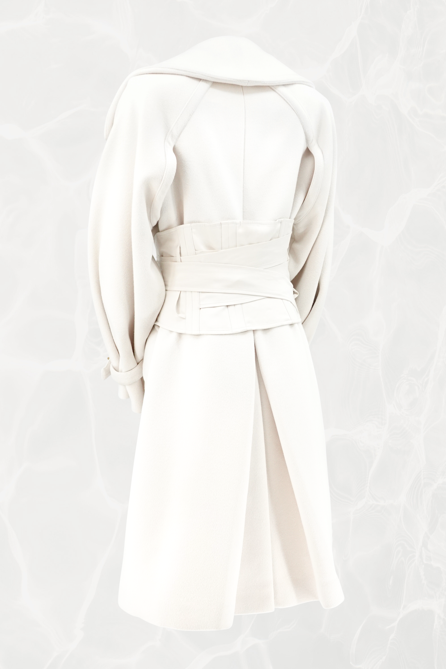 Tom Ford for Gucci AW03 white wool angora corset coat back view: sculpted shoulders, center back vent, corset waist cincher with tie detail, full-length silhouette, Fall Winter 2003