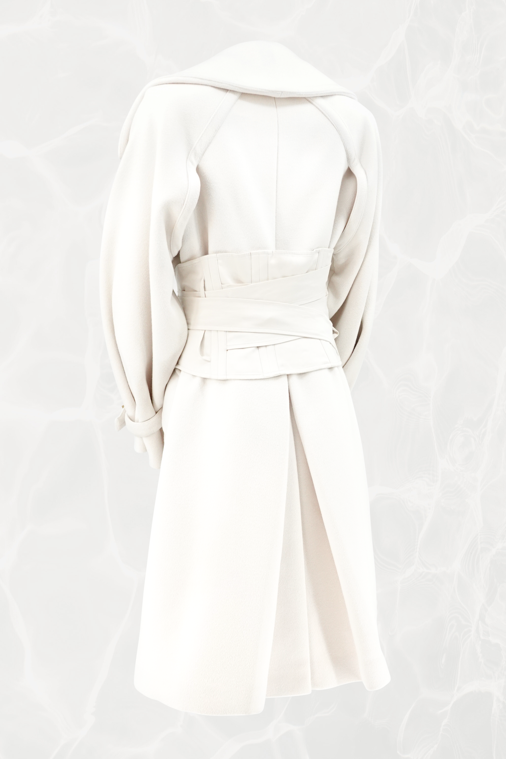 Tom Ford for Gucci AW03 white wool angora corset coat back view: sculpted shoulders, center back vent, corset waist cincher with tie detail, full-length silhouette, Fall Winter 2003