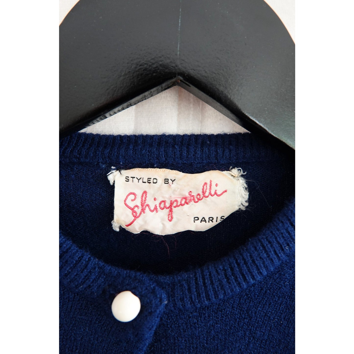 Vintage 1960s Schiaparelli Navy Beaded Polka Dot Cardigan