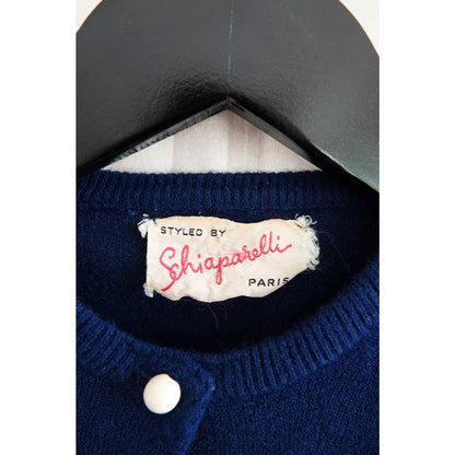 Vintage 1960s Schiaparelli Navy Beaded Polka Dot Cardigan