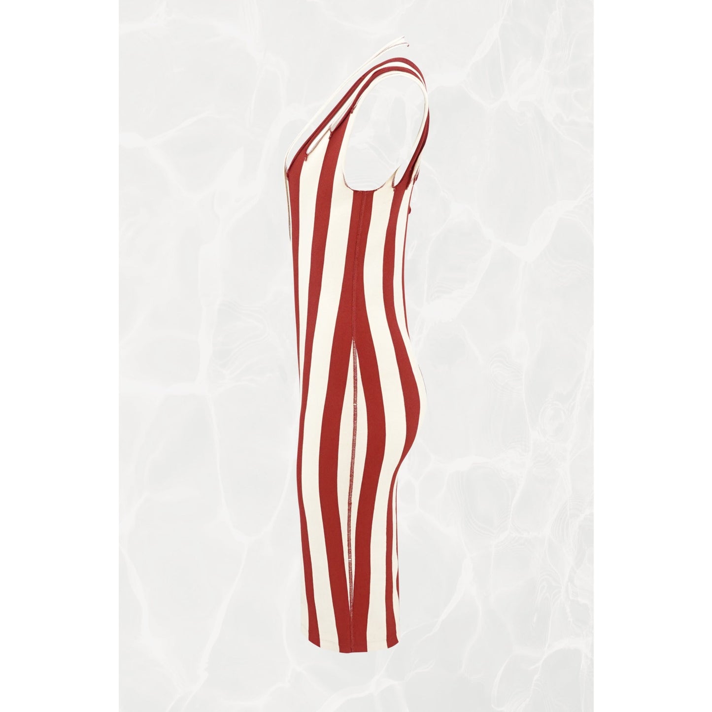1990s Maille Red and Cream Stripe Multi-Strap Bodycon Knit Midi Dress