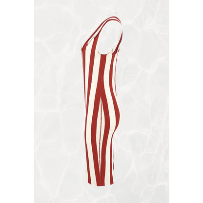 1990s Maille Red and Cream Stripe Multi-Strap Bodycon Knit Midi Dress