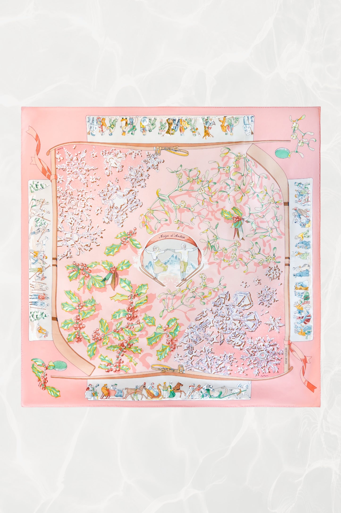 Hermès Neige d'Antan Carré 90 flat-lay, pink silk scarf with winter motif, holly, snowflakes and equestrian vignettes
