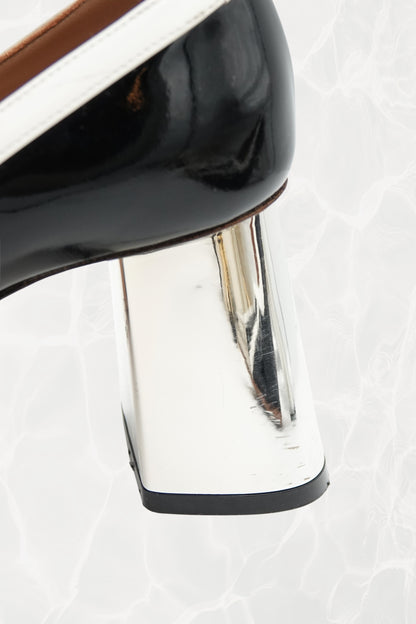 Black and White Stripe Patent Leather Pump, Chrome Block Heel