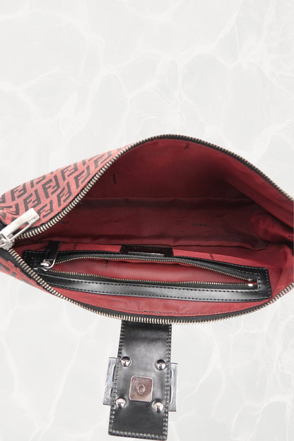 Fendi Zucchino FF monogram baguette, open interior with raspberry fabric lining — Disco Palma