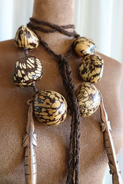 Vintage 1990s Tagua Nut Lariat Necklace with Carved Lizard Pendants
