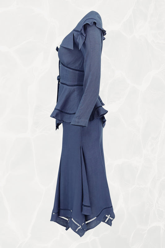 Thierry Mugler linen set, side profile showing peplum silhouette — Disco Palma