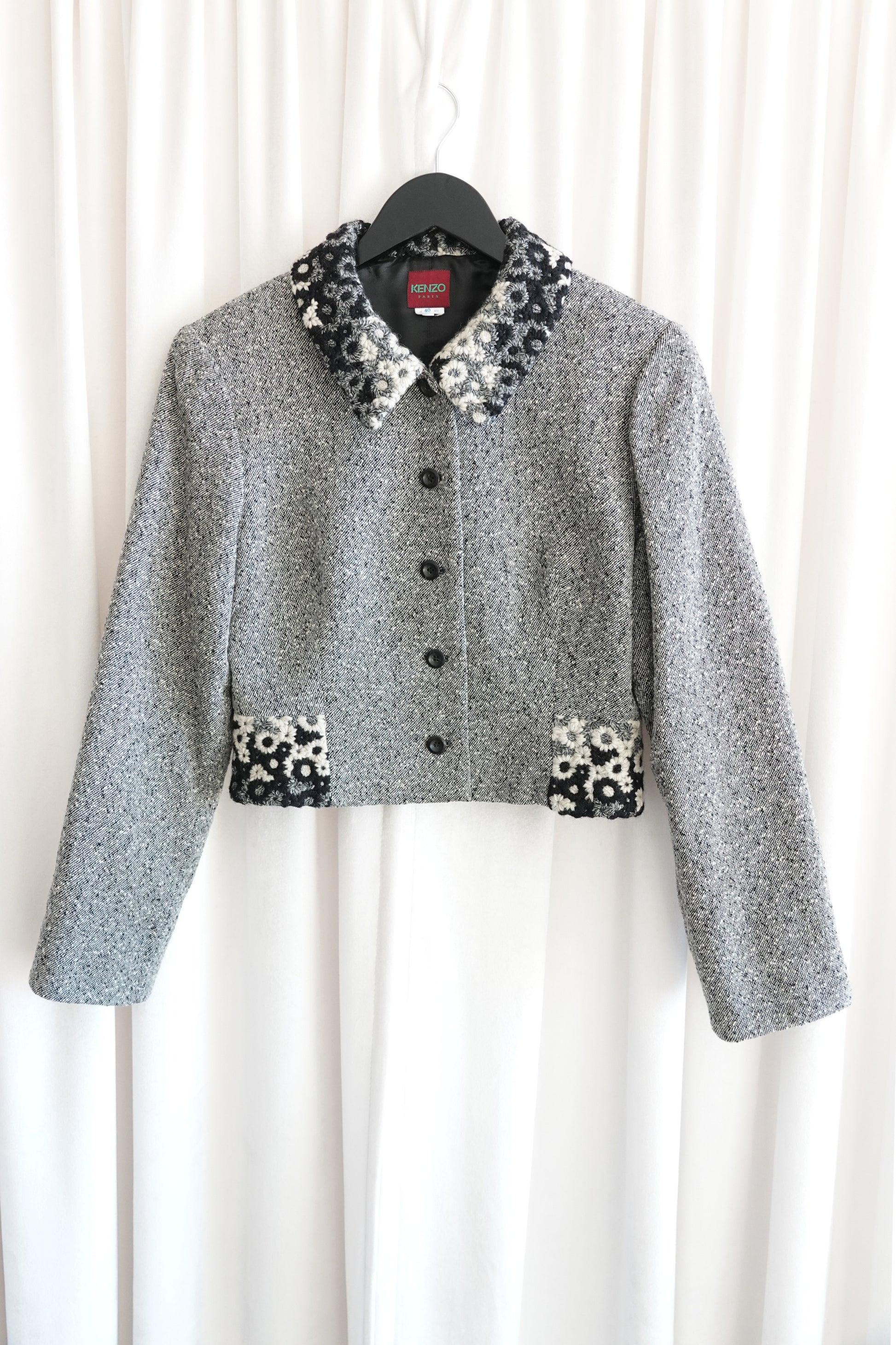 Kenzo Paris gray tweed cropped blazer, lining detail — Disco Palma