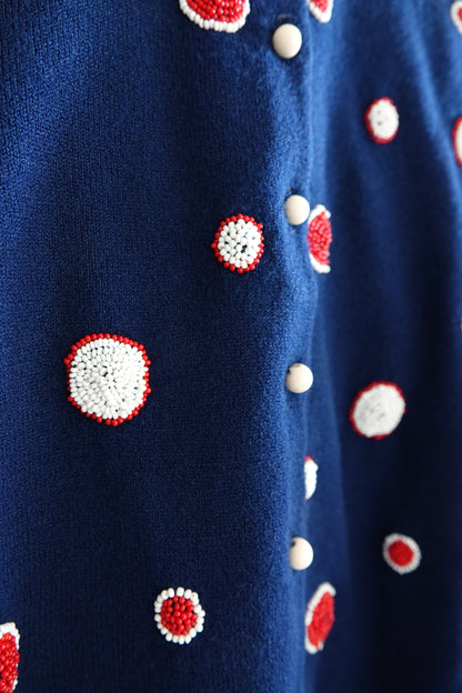 Schiaparelli vintage navy cardigan, button placket with beaded polka dots — Disco Palma
