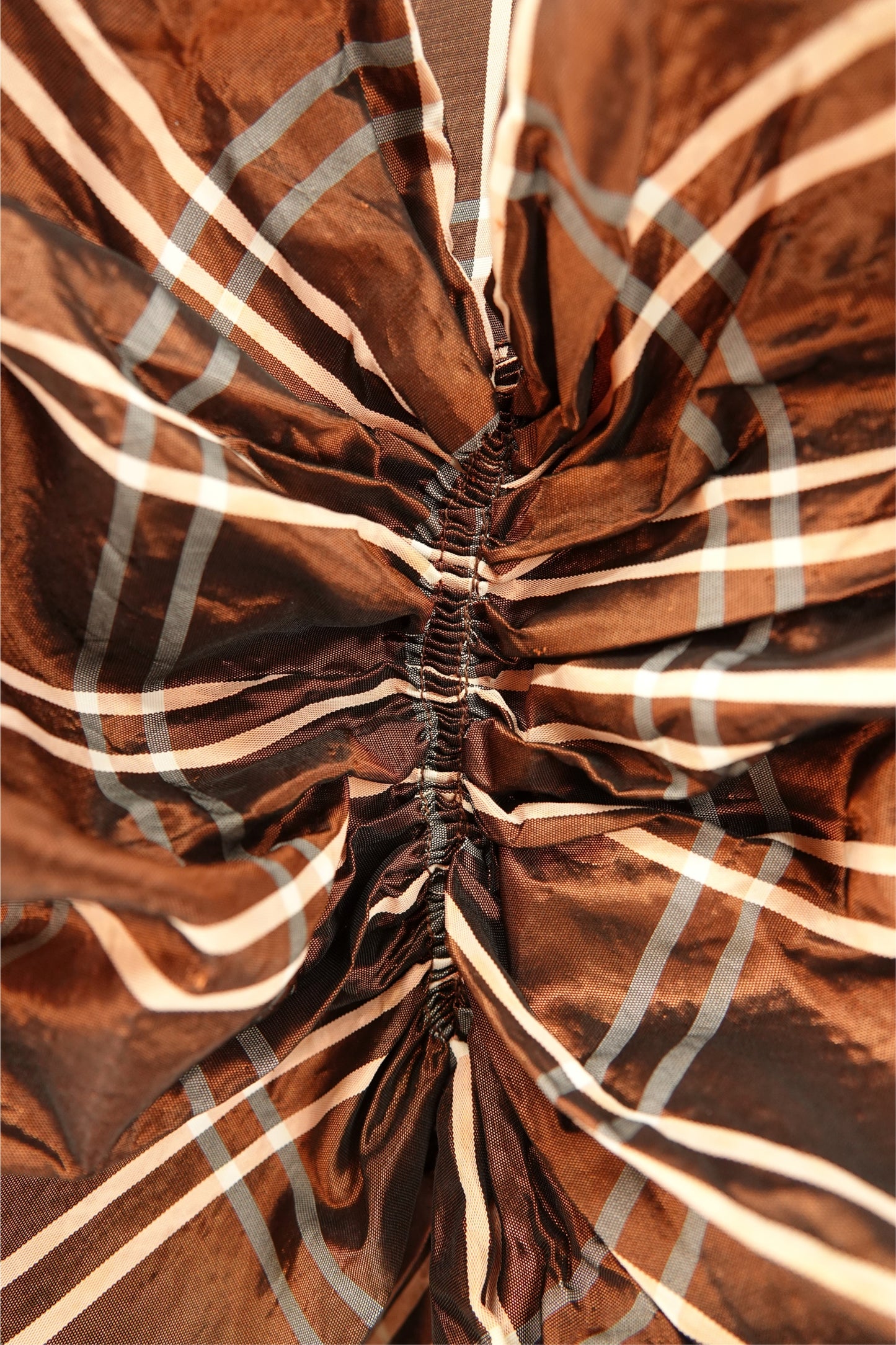 Party Lines by Domb 1940s brown plaid taffeta gown, condition close-up — Disco Palma