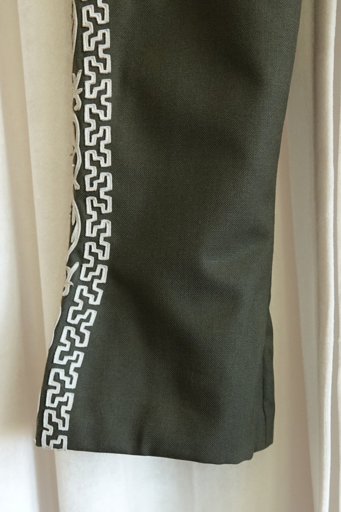 Vintage 1970s Olive Embroidered Flare Trousers with Suede Appliqué