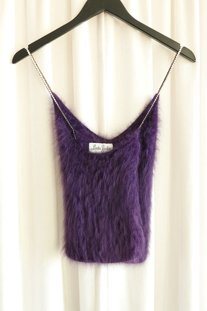 Vintage Late 1980s Purple Angora Rhinestone Cross-Back Cami