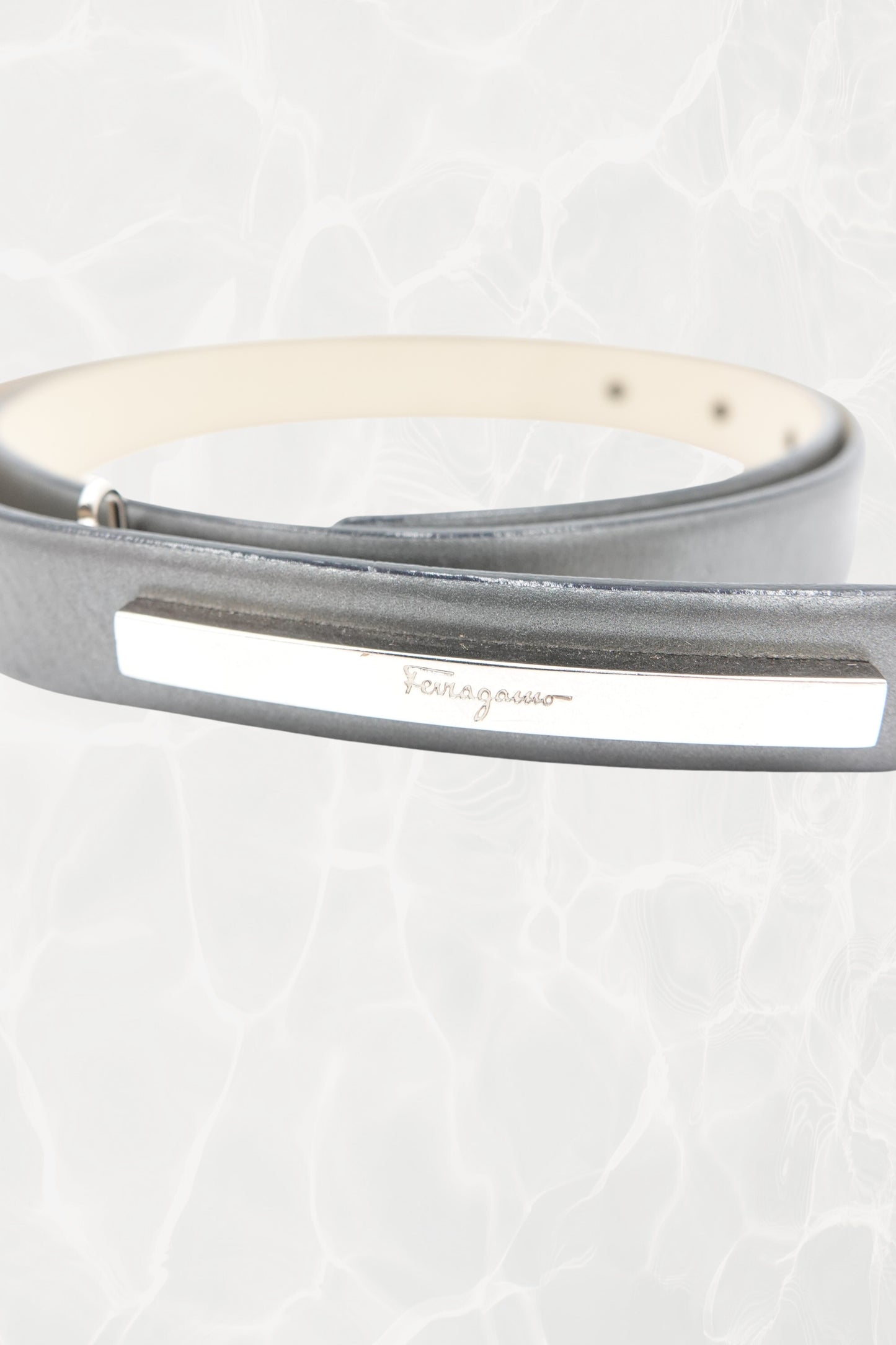 Pewter Leather Thin Belt with Silver Logo Plate