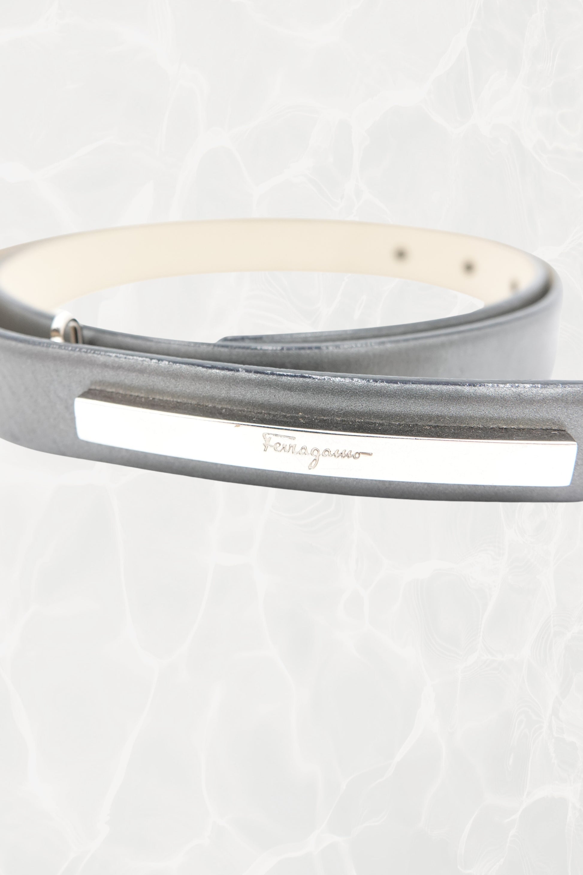 Pewter Leather Thin Belt with Silver Logo Plate