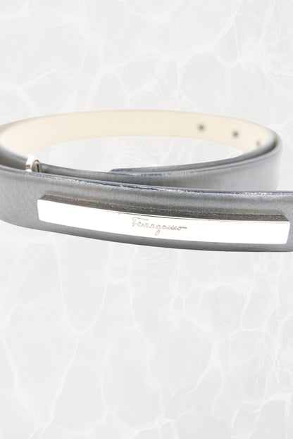 Pewter Leather Thin Belt with Silver Logo Plate