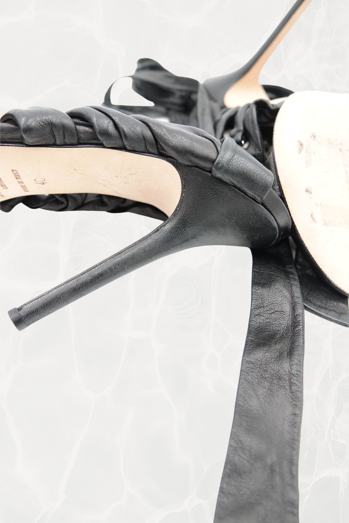 Crystal Marine Black Leather Ankle Wrap Sandals
