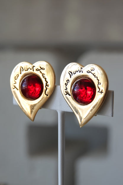 Vintage 1980s Gold-Tone Heart Clip-On Earrings with Red Cabochon