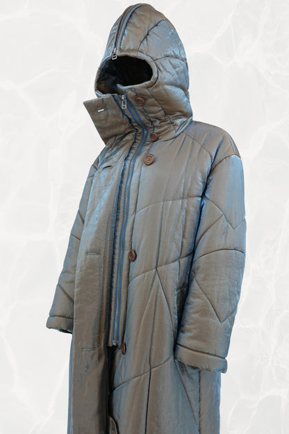 Fall 1993 Runway Iridescent Quilted Cocoon Coat with Hood