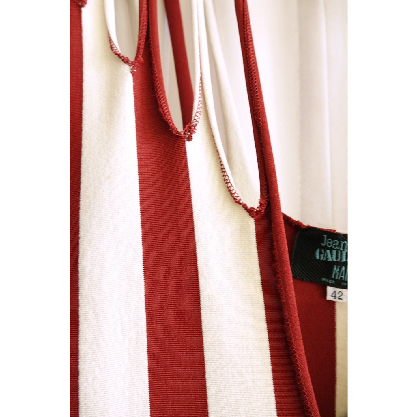 1990s Maille Red and Cream Stripe Multi-Strap Bodycon Knit Midi Dress