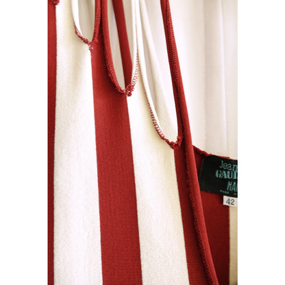 1990s Maille Red and Cream Stripe Multi-Strap Bodycon Knit Midi Dress