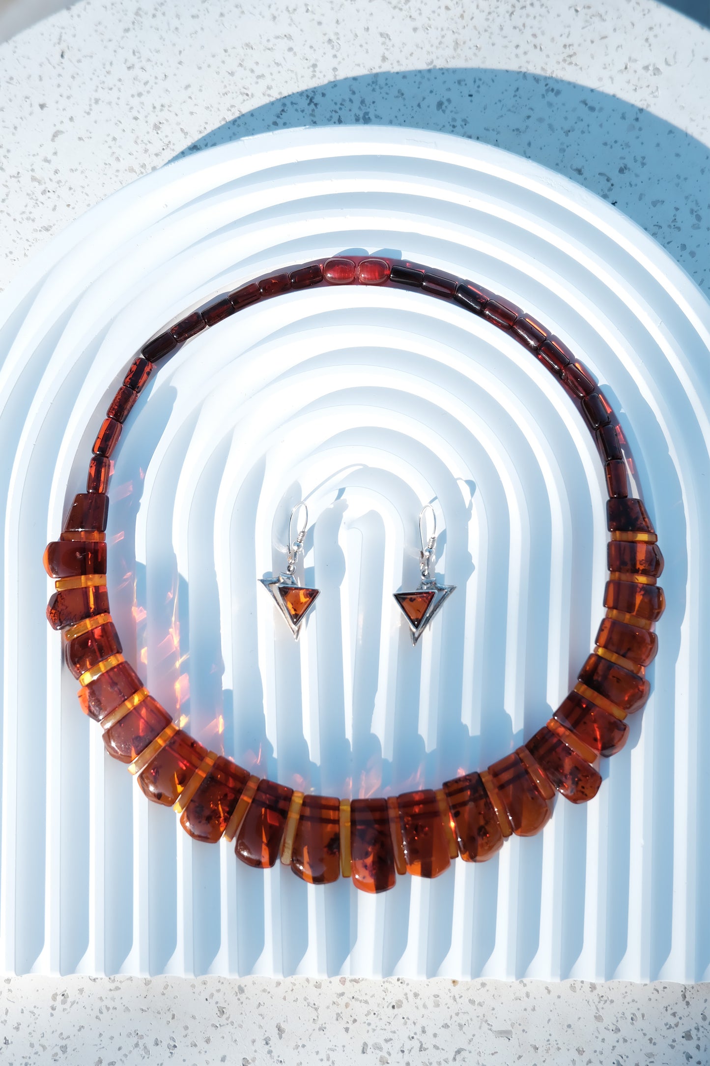 Mid Century Baltic Amber Necklace and Sterling Silver Earrings Set