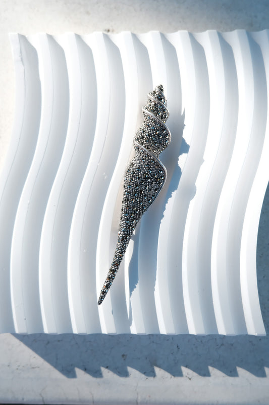 Vintage Art Deco Sterling Silver Sea Snail Shell Marcasite Brooch