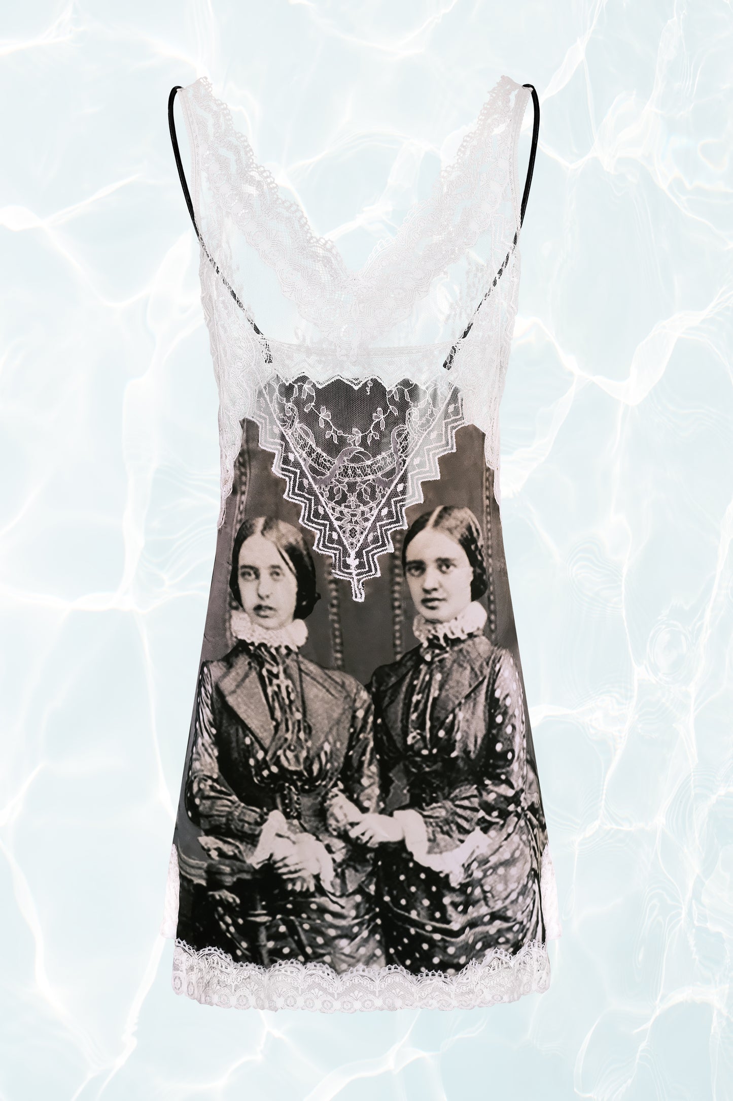 SS 2019 Silk Slip Dress with Victorian Black and White Portrait Print