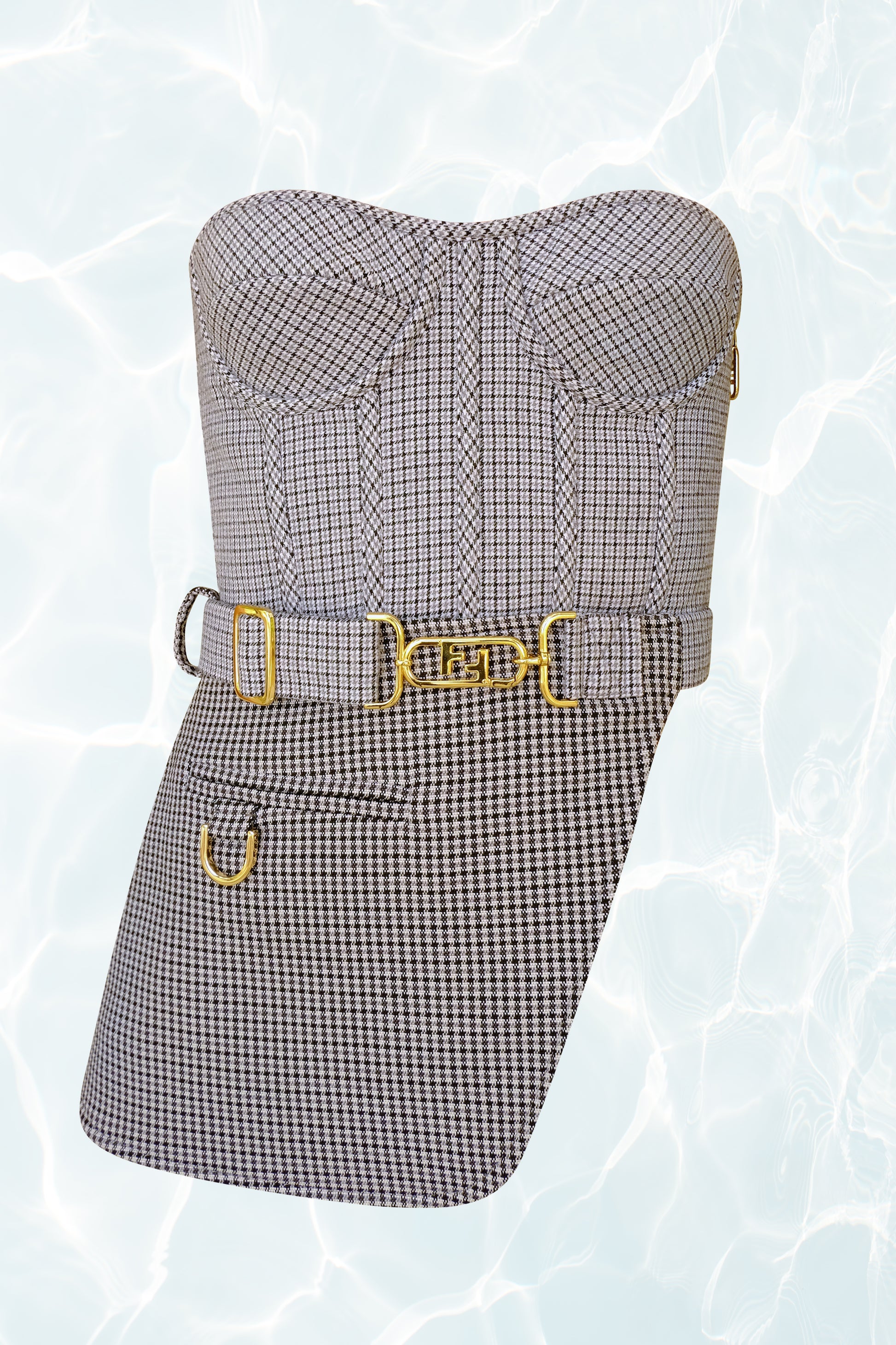 Fendi AW 2022 Strapless Houndstooth Bustier with Gold Logo Details