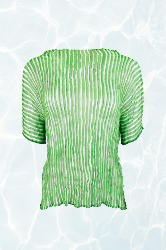 Issey Miyake	Neon Green Short Sleeve Stripe Top