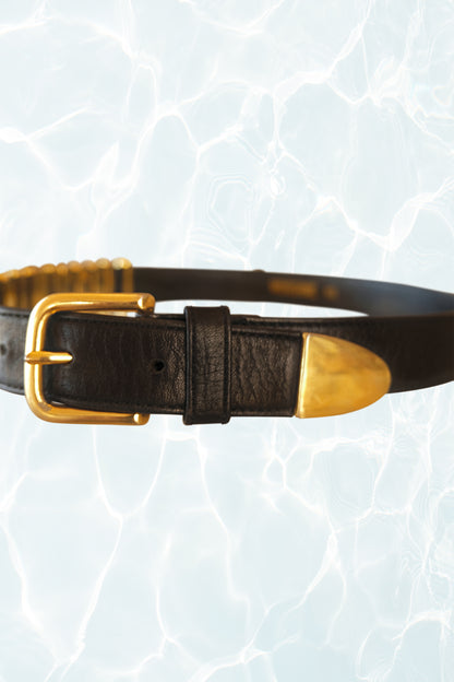 Black Leather Belt with Gold Logo Hardware