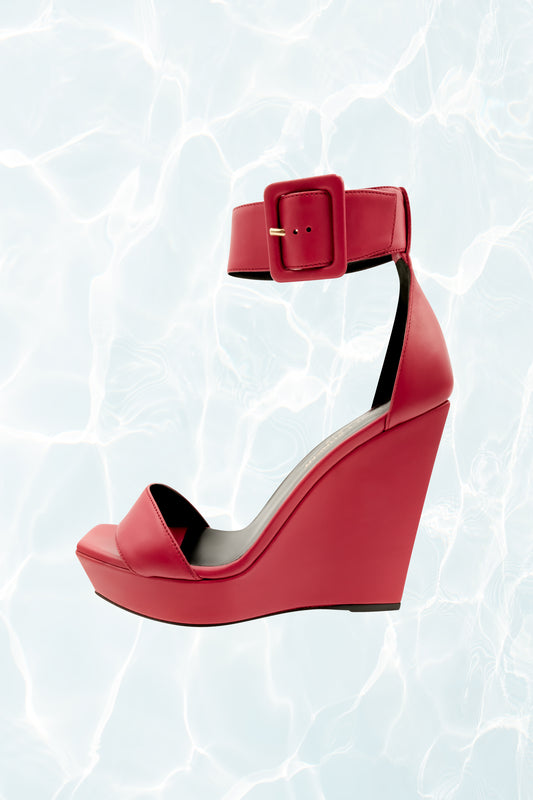 Red Platform Ankle Strap Wedge Sandals