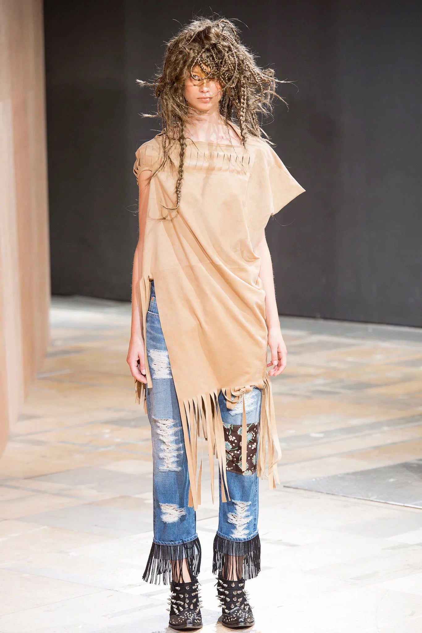 Patchwork Distressed Fringe Jeans SS14 Runway