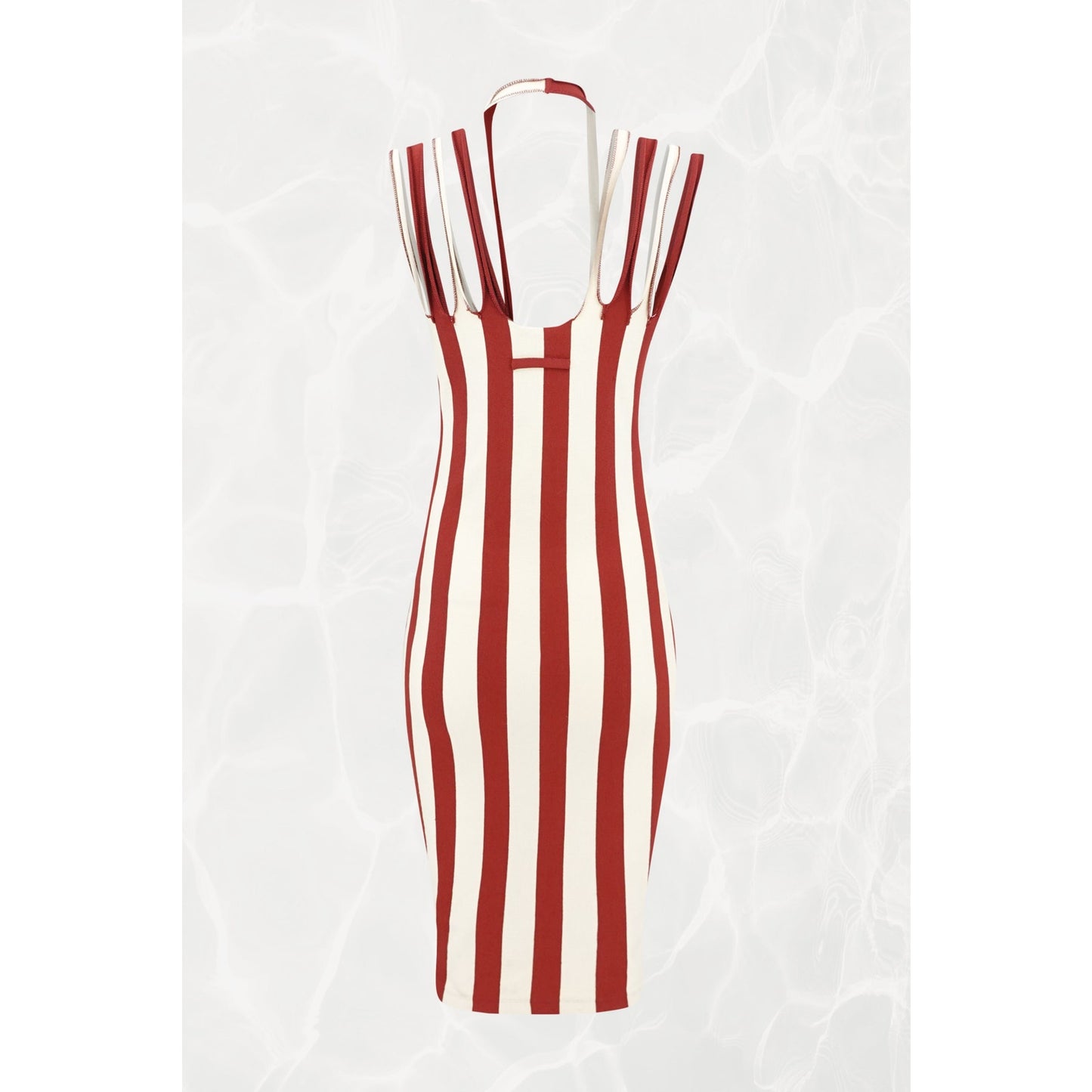 1990s Maille Red and Cream Stripe Multi-Strap Bodycon Knit Midi Dress