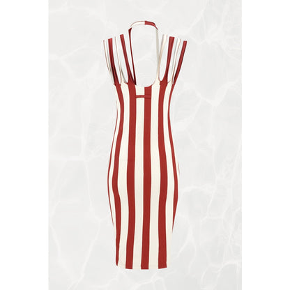 1990s Maille Red and Cream Stripe Multi-Strap Bodycon Knit Midi Dress