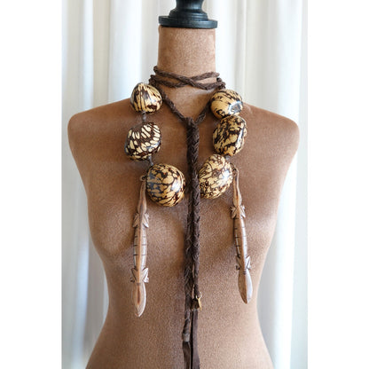 Vintage 1990s Tagua Nut Lariat Necklace with Carved Lizard Pendants