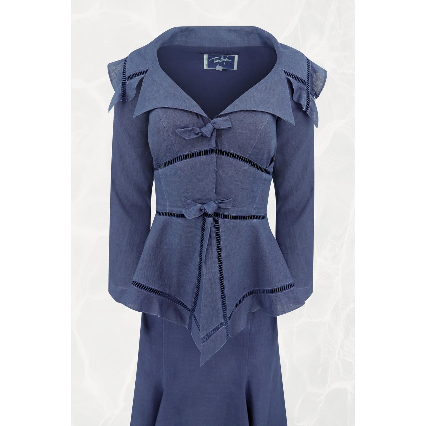 1990s Navy Linen Peplum Jacket and Skirt Set