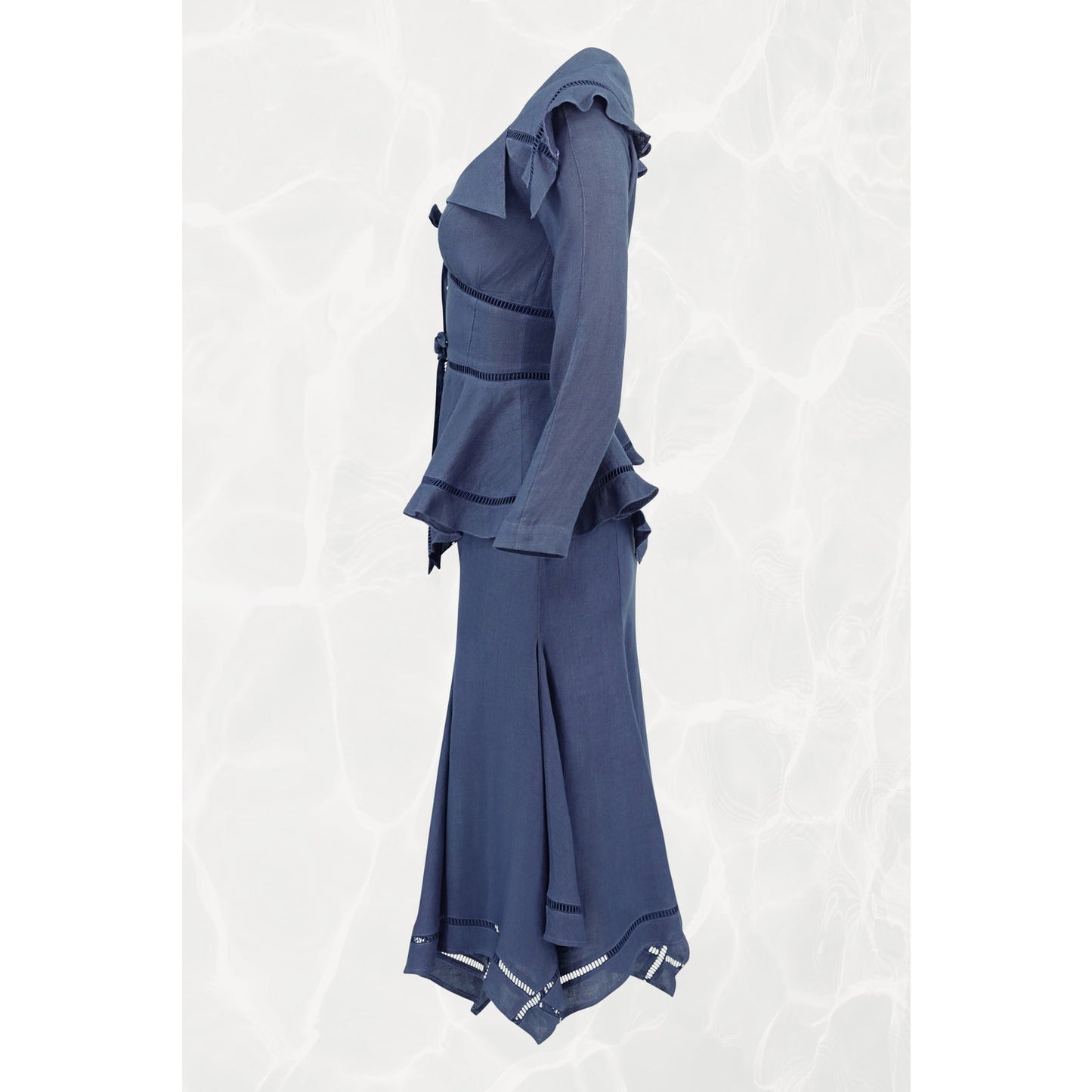 1990s Navy Linen Peplum Jacket and Skirt Set