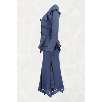 1990s Navy Linen Peplum Jacket and Skirt Set