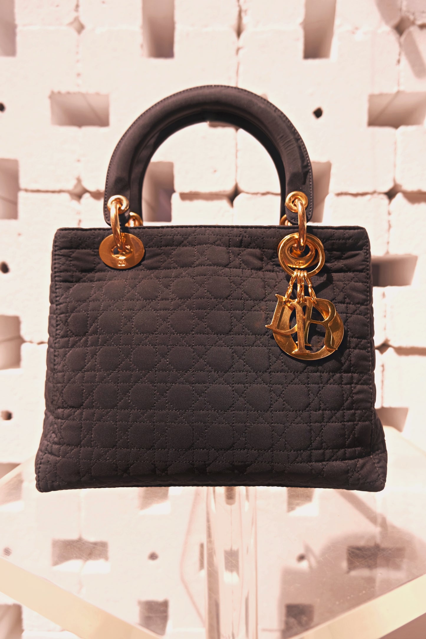 Vintage Lady Dior Cannage in Black Nylon and Gold Hardware