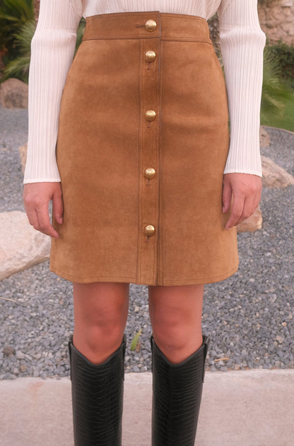 SS15 Brown Suede Skirt with Gold Button Down Front