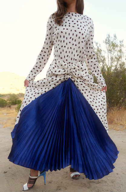 Polka Dot and Pleated Long Sleeve Dress